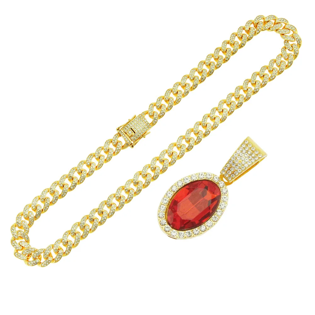 

Trendy Hip Hop Red Oval Cubic Zirconia Chains Diamond Pendant Necklace Plated Fashion Accessories Wedding Party Birthday Gift