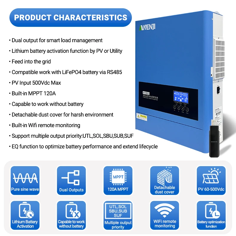 ANENJI 6.2KW 48V Hybrid Solar Inverter - Side View