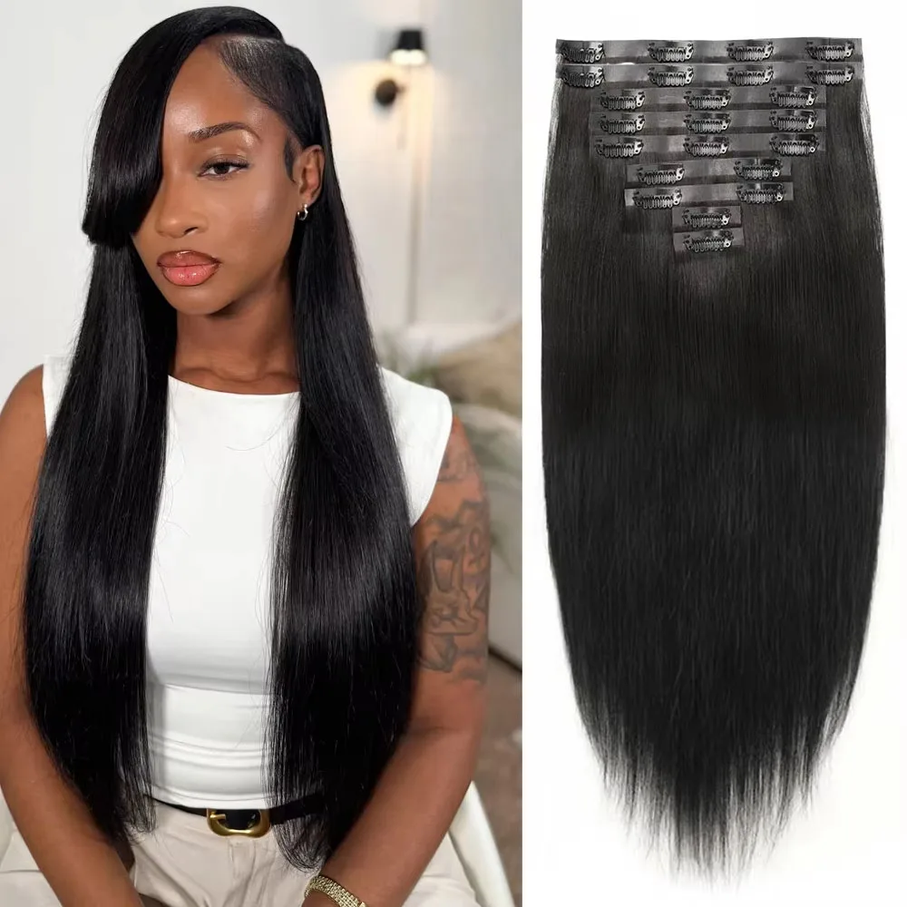 

Straight PU Clip 100% Human Hair Clips Extensions Natural Black Color Raw Unprocessed Seamless Invisible Weft Hair For Women