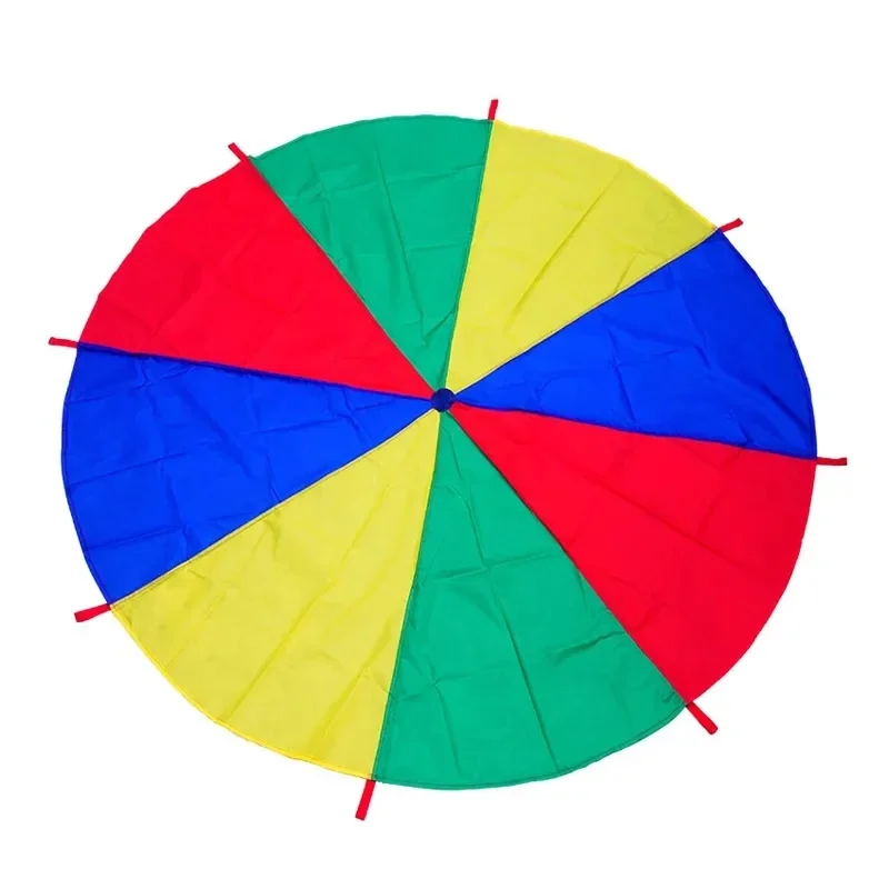 Jeu de travail d'équipe en plein air pour enfants, 2M/4M de diamètre, accessoires de jouets Parachute arc-en-ciel, sac de saut, tapis de jeu à rebond, jeu de Puzzle d'activité scolaire