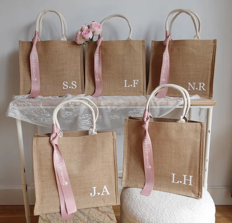 Bachelorette Party Personalised Monogram Tote Bag Bridesmaid Jute Bag Custom Jute Carryall Beach Bag Hens Party Wedding Bag