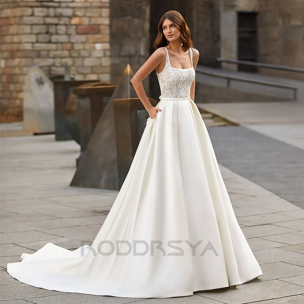 RODDRSYA Simples Vimtage Vestidos De Casamento 2024 Praça Collar Backless Para As Mulheres Vestidos De Noiva Inserível Bolso vestidos de novia Simples Vimtage Vestidos De Casamento 2024 Praça Collar Backless Para As Mu