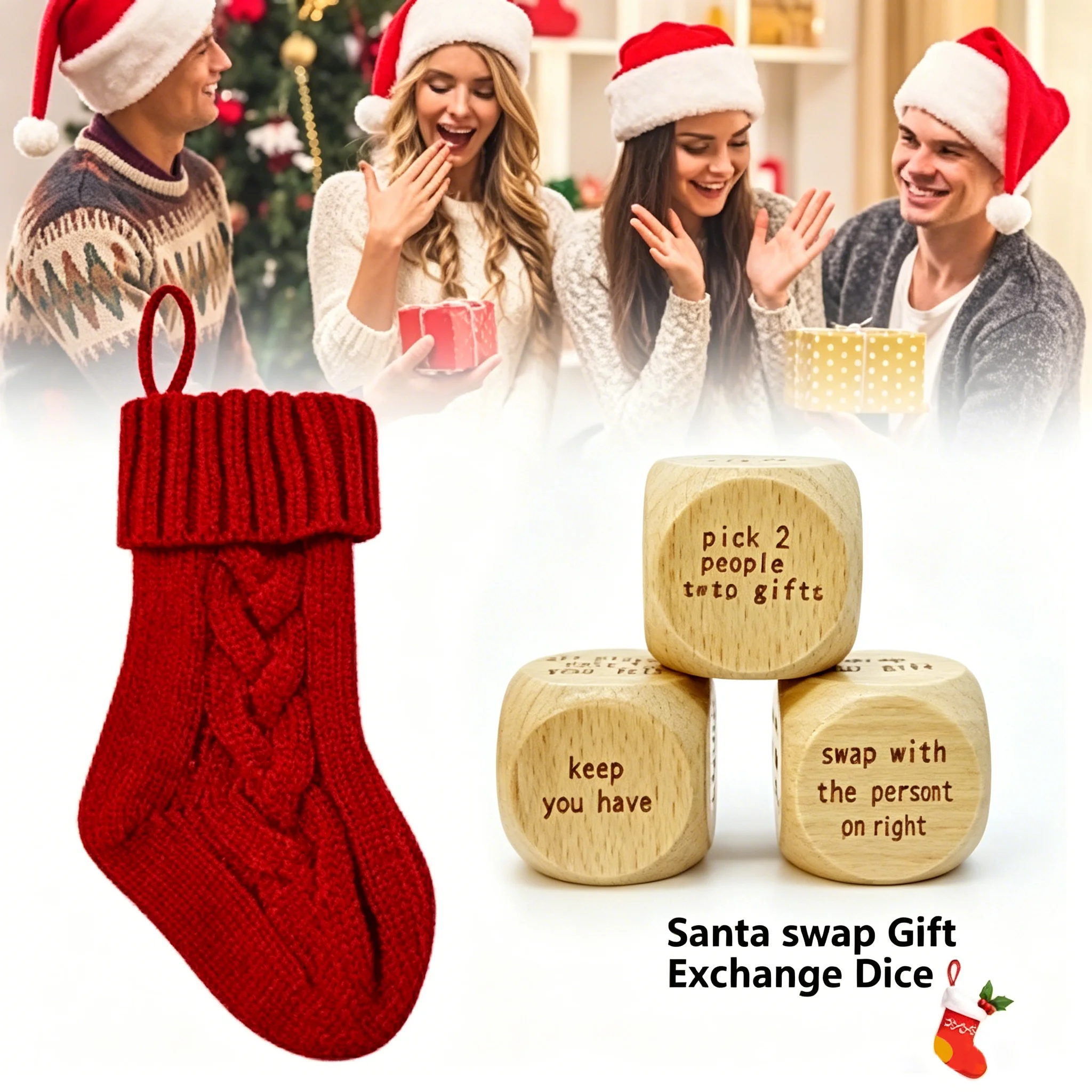 

4 Pcs Christmas Game Set with 3 Wood Dice and 1 Stocking Gifts for Gift Exchange Family Party Christmas Party Stocking Stuffers