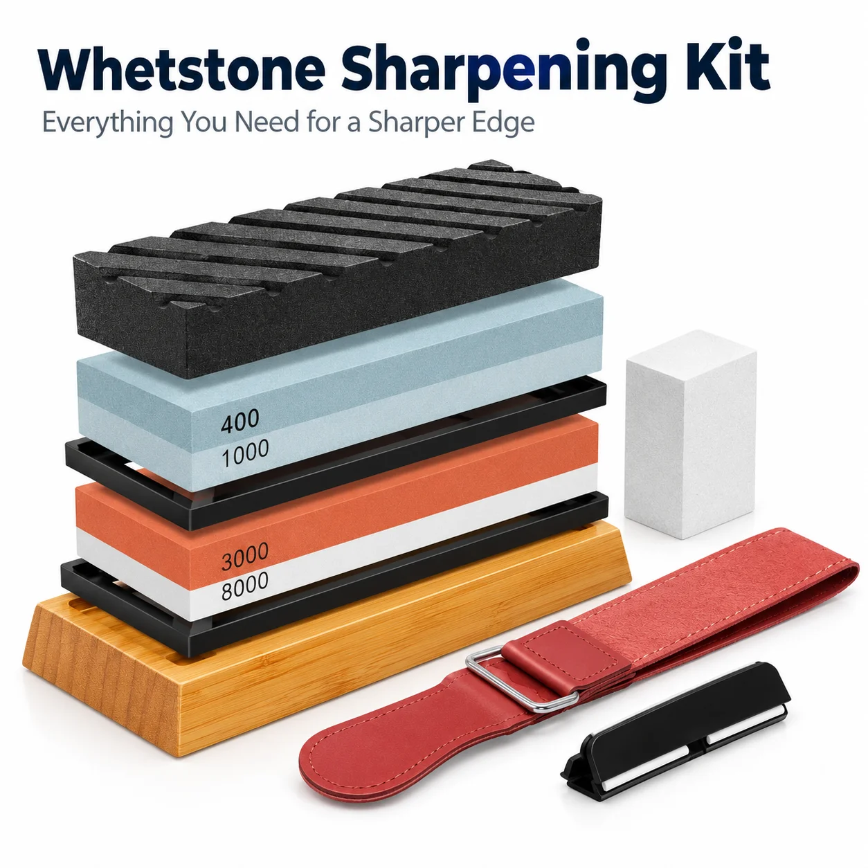 7-Piece Knife Sharpening Kit with Double-Grade Corundum Stones 400/1000 3000/8000 Non-Slip Bamboo Base Angle Guide Leather Strap Instructions for Home Kitchen Professional Use