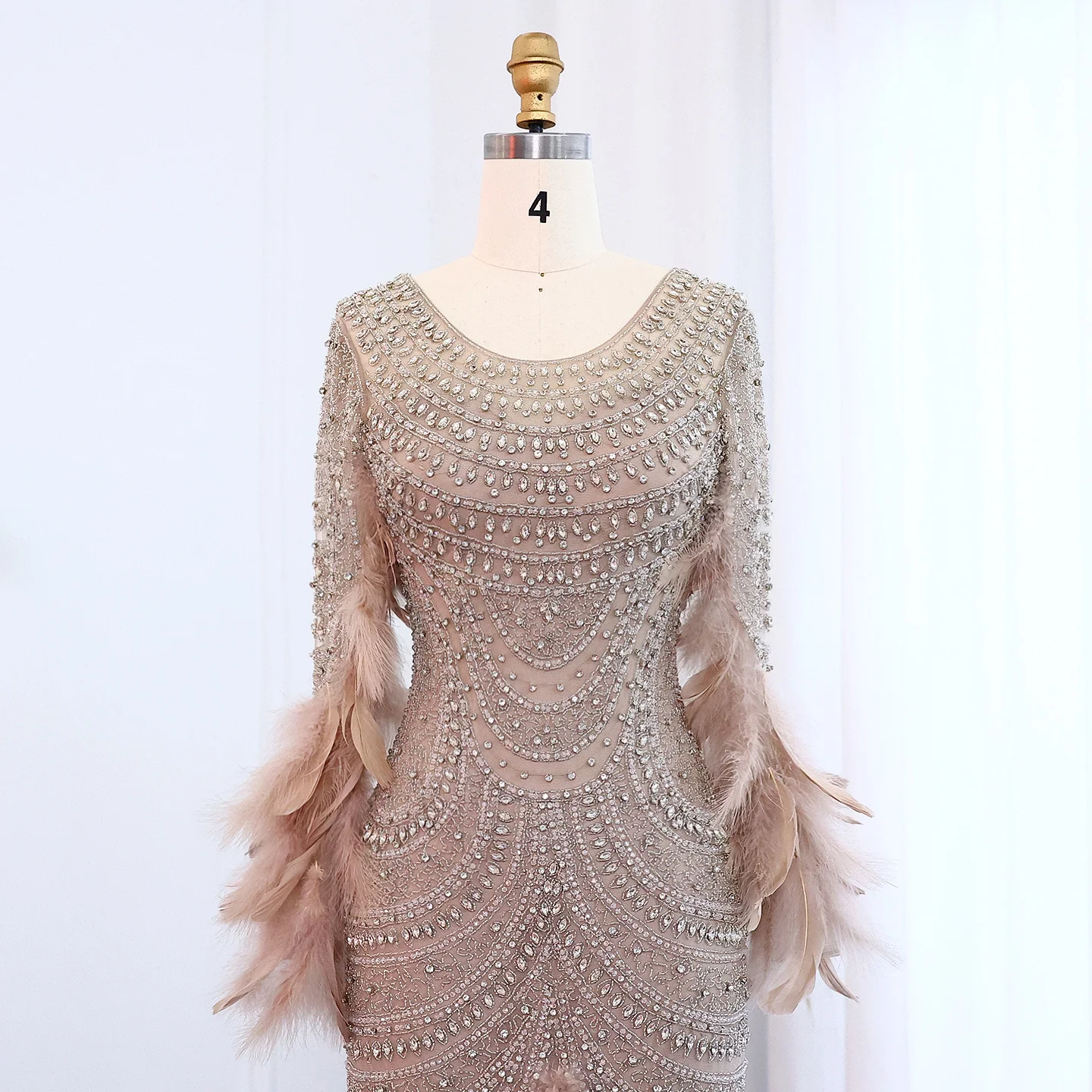 Sharon Said Luxury Dubai Feather Nude Mermaid Evening Dress 2025 for Women Wedding Party Long Sleeves Elegant SS076 Customized