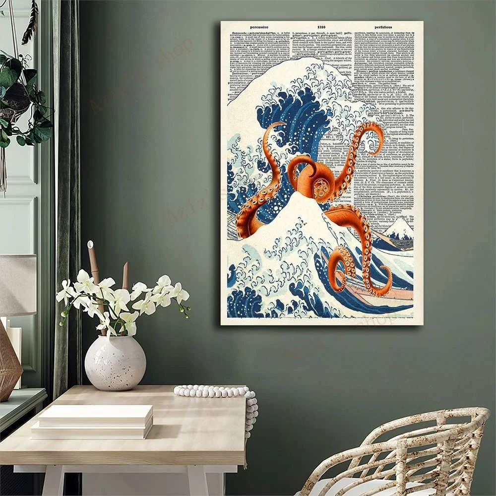 Kanagawa Ukiyo-e's Big Waves Poster Octopus Print Art Vintage Japanese Decorative Wall Canvas Living Room Decor on Dictionary