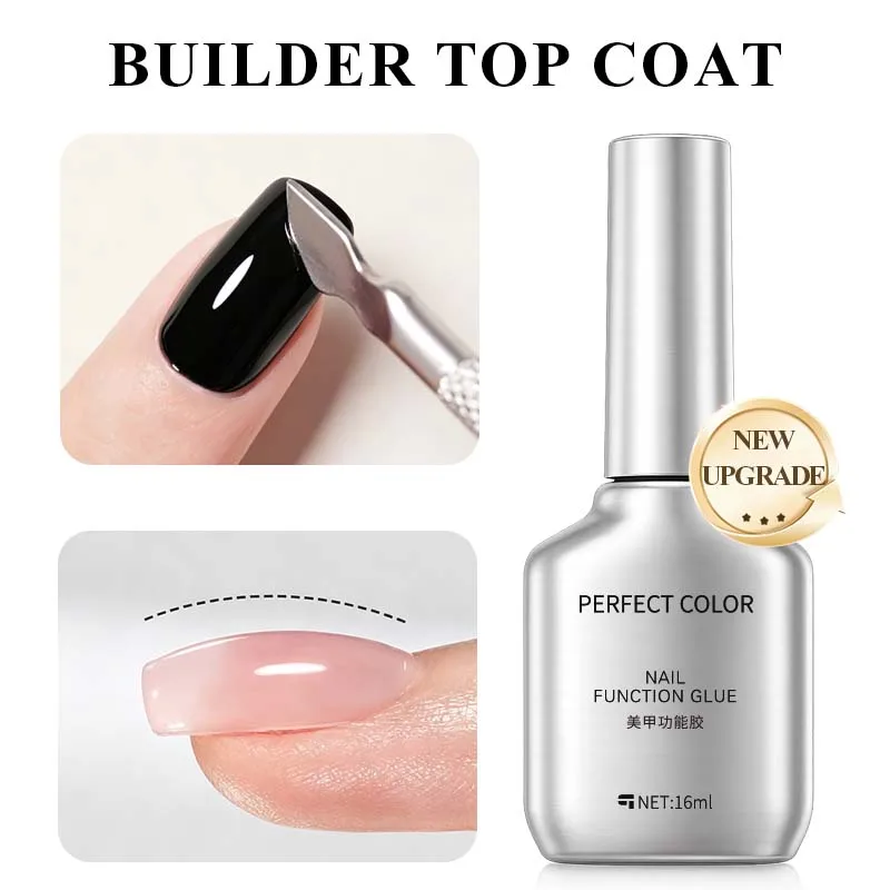 PERFECT COLOR Builder Top Coat 16ml, No Wipe Self-Leveling Gel, Strengthening, Scratch Resistant, High Shine, UV LED Cure