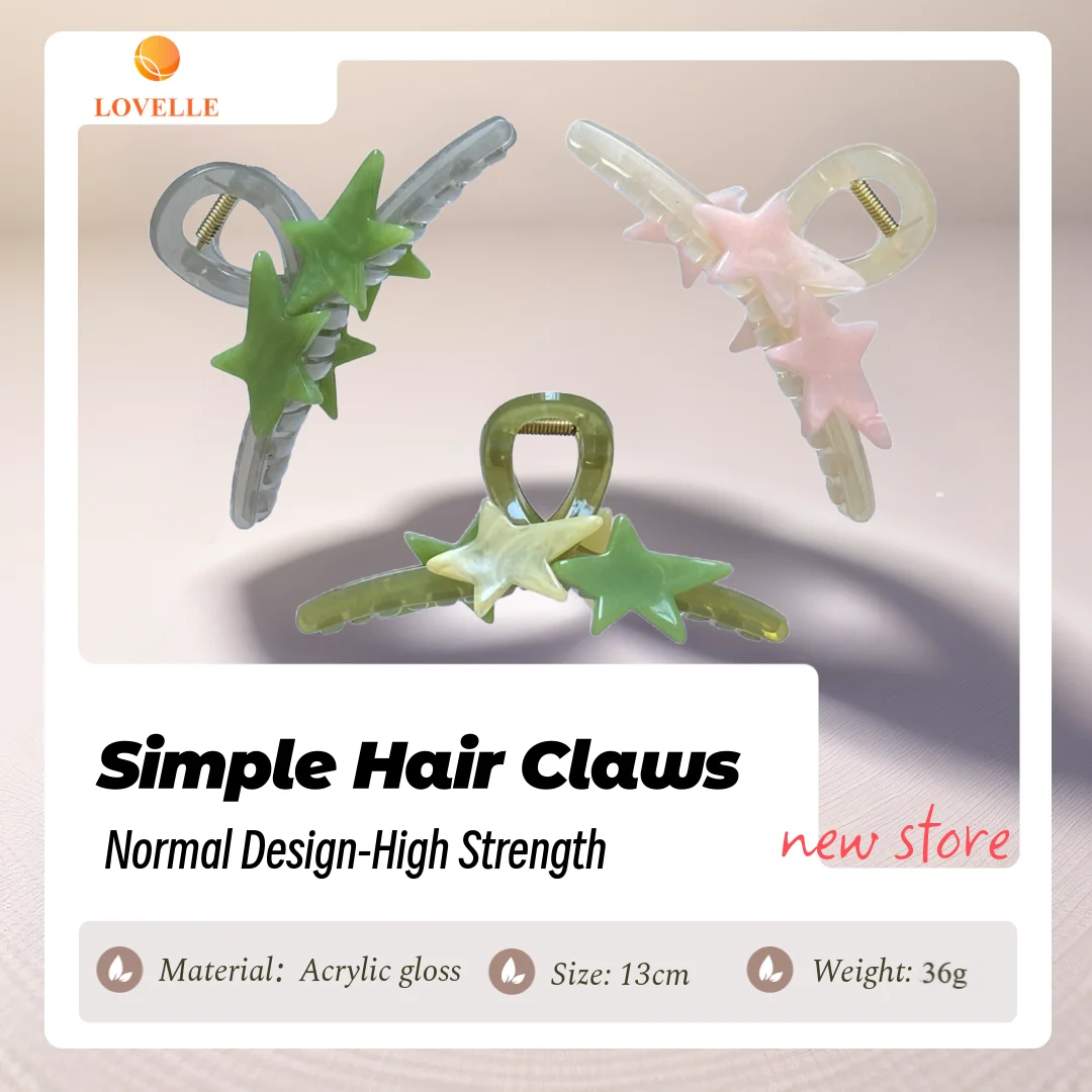 LOVELLE Women Lady's Hair Claws Korea's New Design Plastic High Quality Clips 12.5CM Size with Stars Decoration