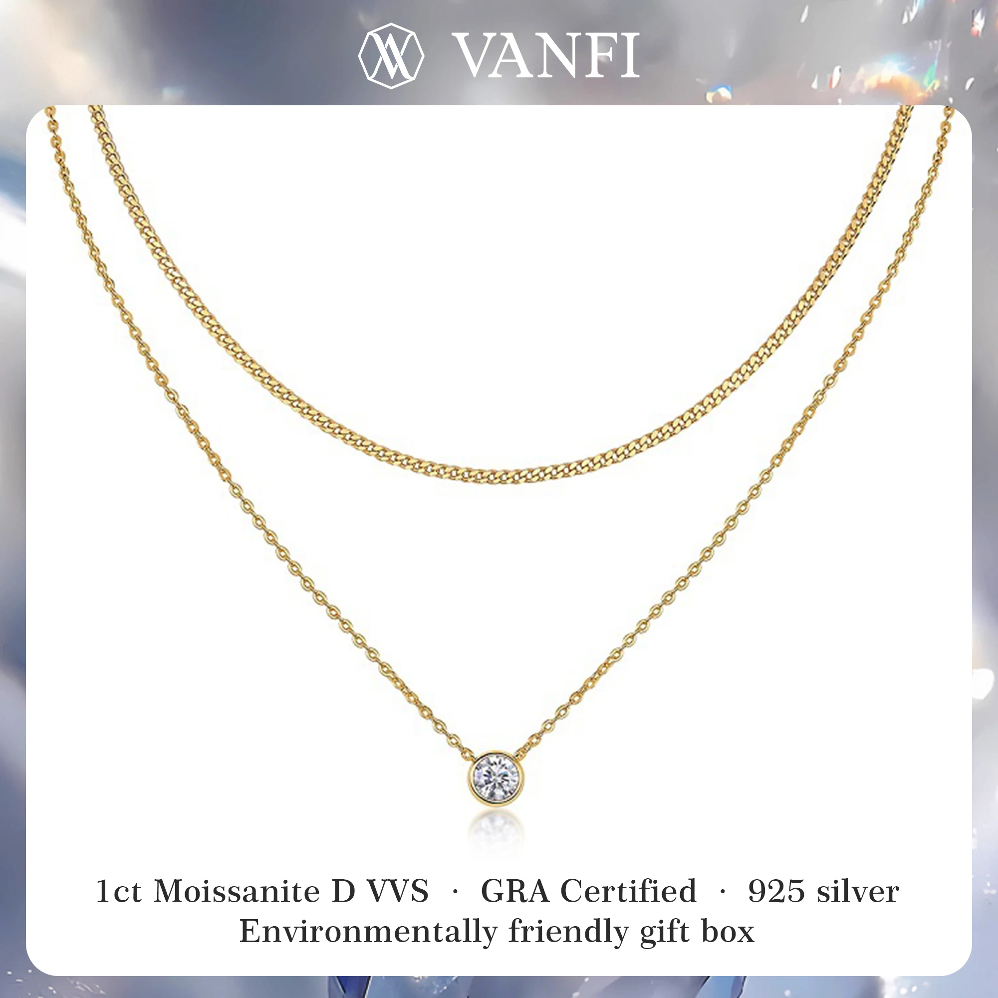 

Kfvanfi 1ct Moissanite Women's Stacking Necklace s925 Sterling Silver Clavicle Chain 18K Gold Plated Fine Luxury Jewelry Pendant