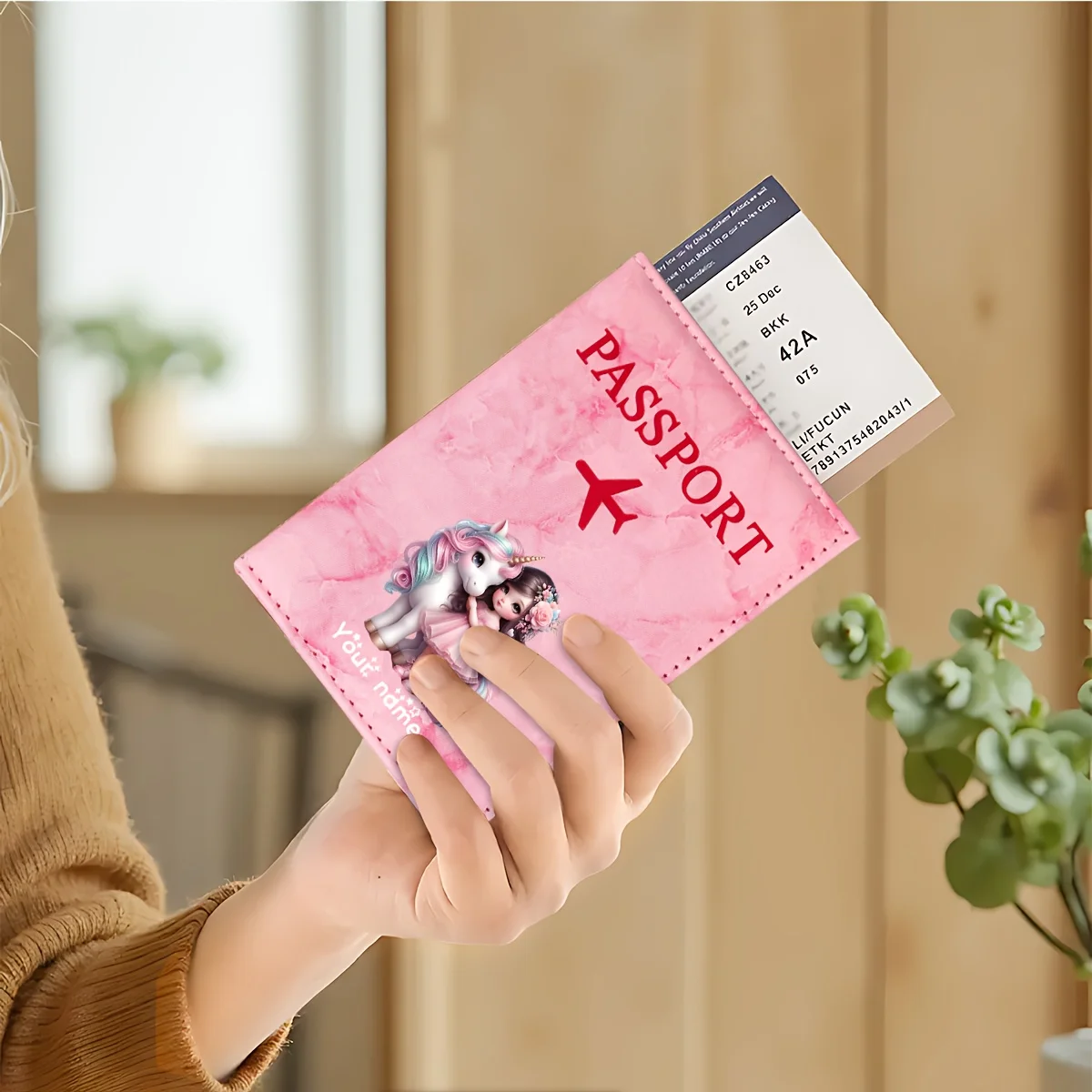 Unicorn Girl Pattern PU Passport Holder With Golden Plane Icon, Card Slot Travel Wallet Gift For Travelers Business Users view 3