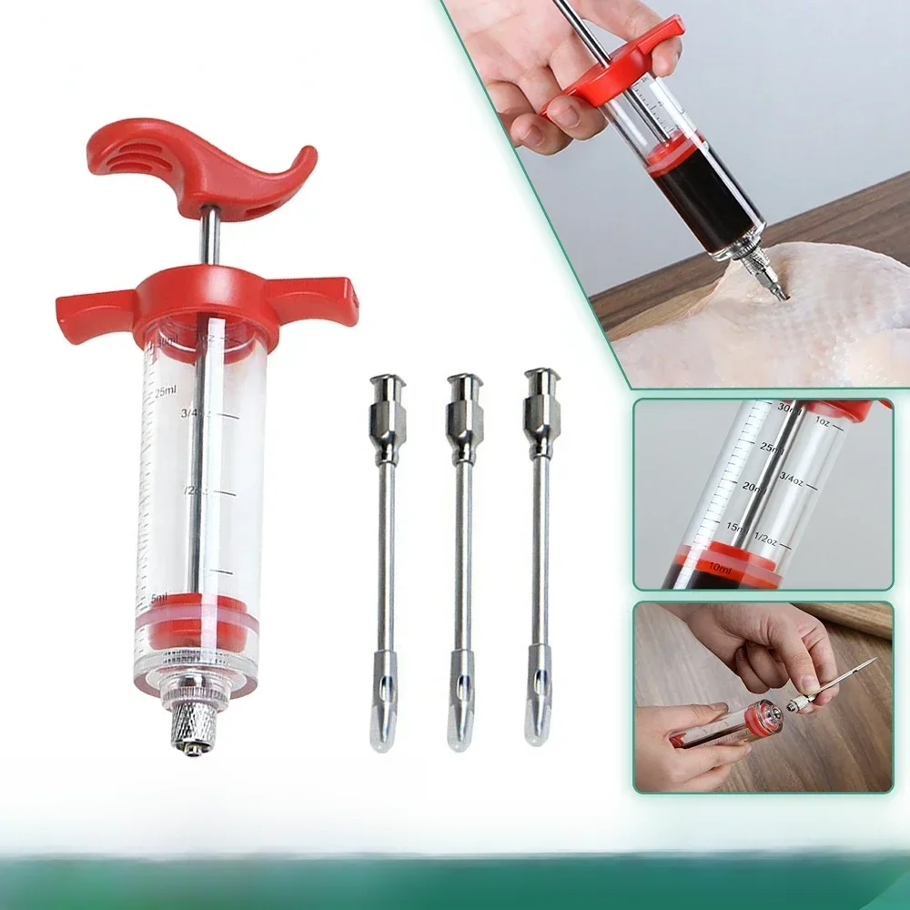 Seringue à viande pour barbecue, aiguille à saveur, injecteur de Marinade, Steak de porc, Sauces à viande, seringues avec 3 aiguilles en acier inoxydable, outils de cuisine