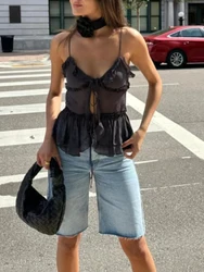 Women Solid Color Camisoles Mesh See Through V Neck Sleeveless Tie Up Ruffles Sling Tank Tops Summer Backless Vests Streetwear