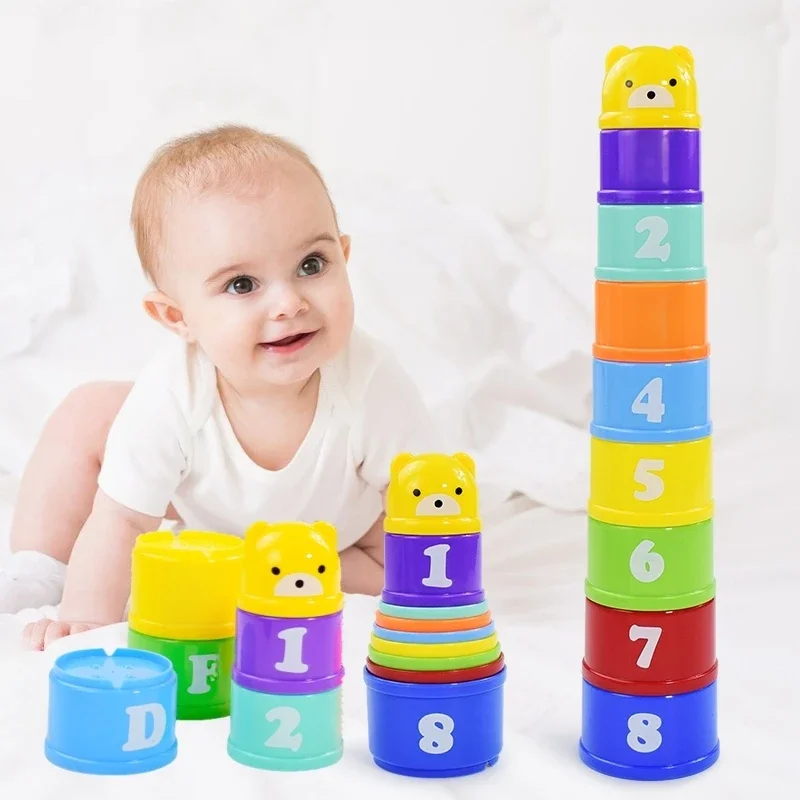 9pcs/set Kids Stack Cups Toys Early Educational Figures Letters Foldind Stack Cup Tower Baby Intelligence Training Toy Gifts — zdjęcie 2