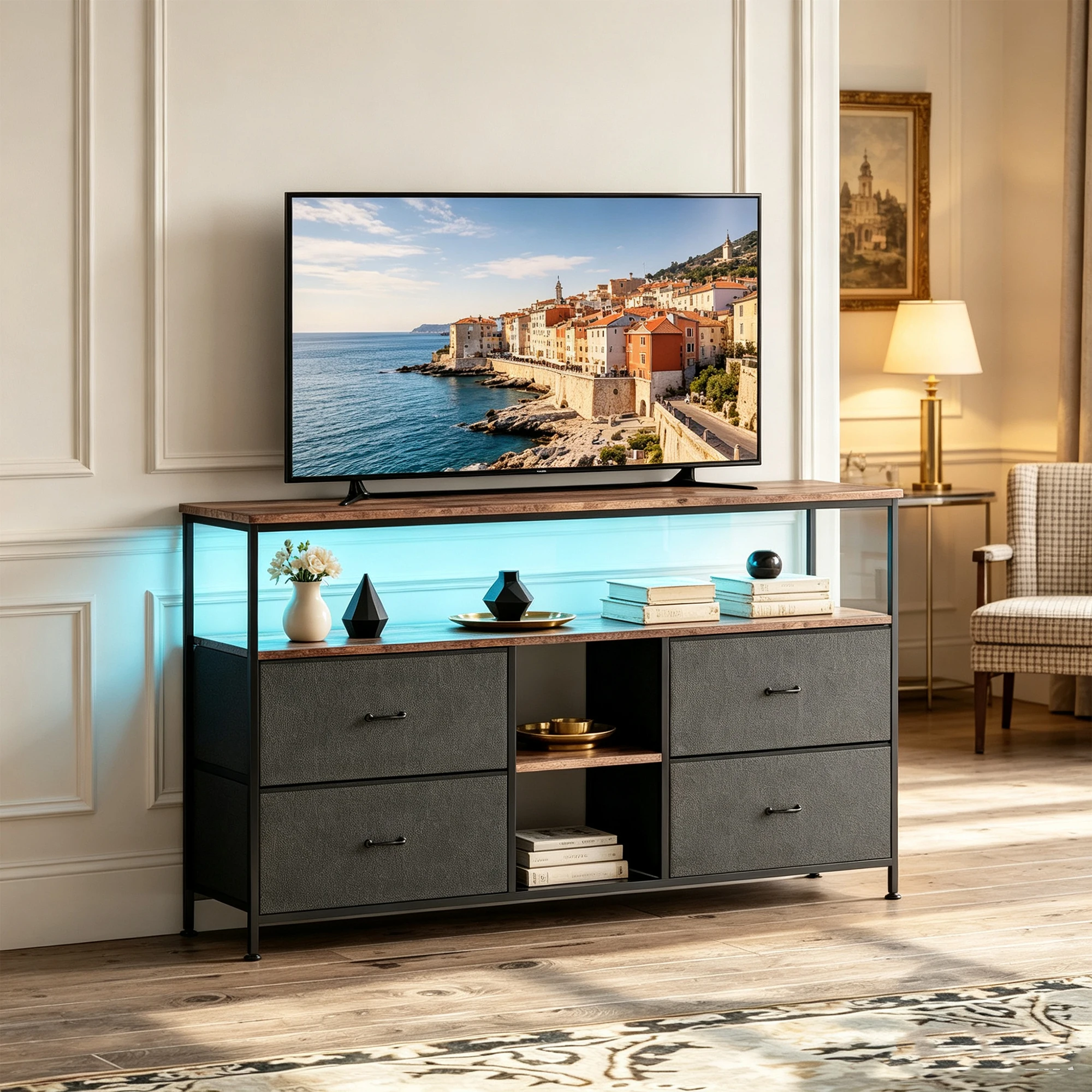 Mobile TV Superaly da 108 cm con 4 cassetti e 3 vani aperti, mobiletto per TV, cassettiera con struttura in metallo, mobile basso per TV, mobile laterale per TV, ideale per soggiorno e camera da
