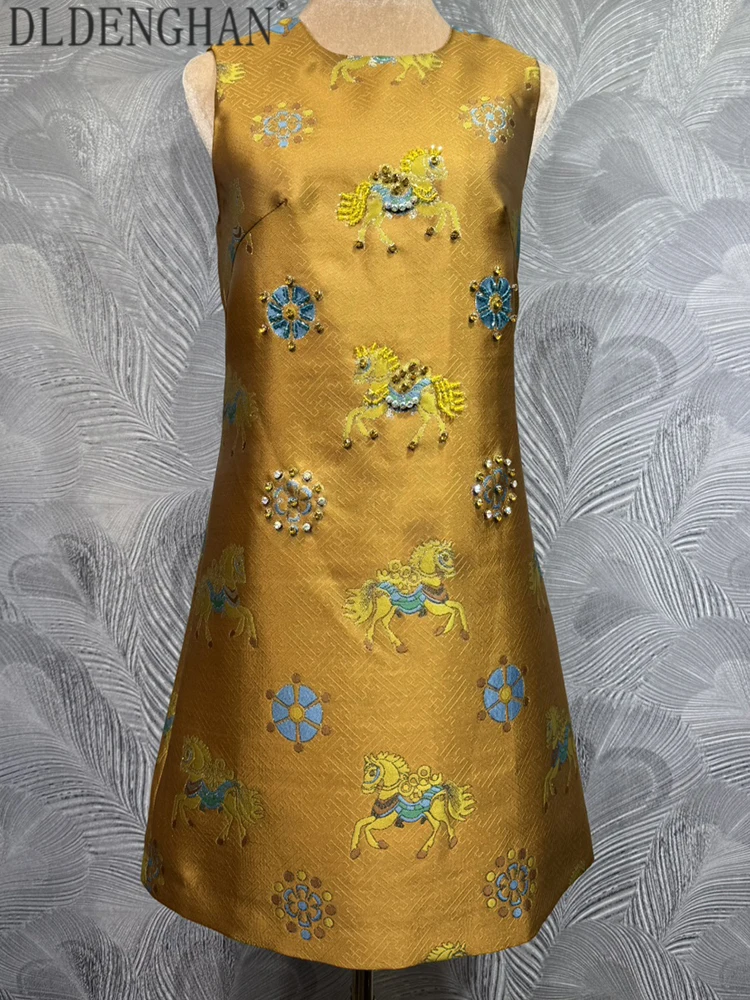 

DLDENGHAN Women' O-Neck Sleeveless Decorate Beading Diamonds Summer New model Exquisite Mini Vest Dresses