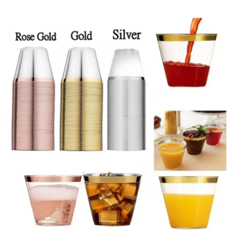 10Pcs Gold Plastic Cups 9 Oz Elegant Clear Plastic Cups Rimmed Disposable Wine Glasses Fancy Disposable Party Cups with Gold Rim