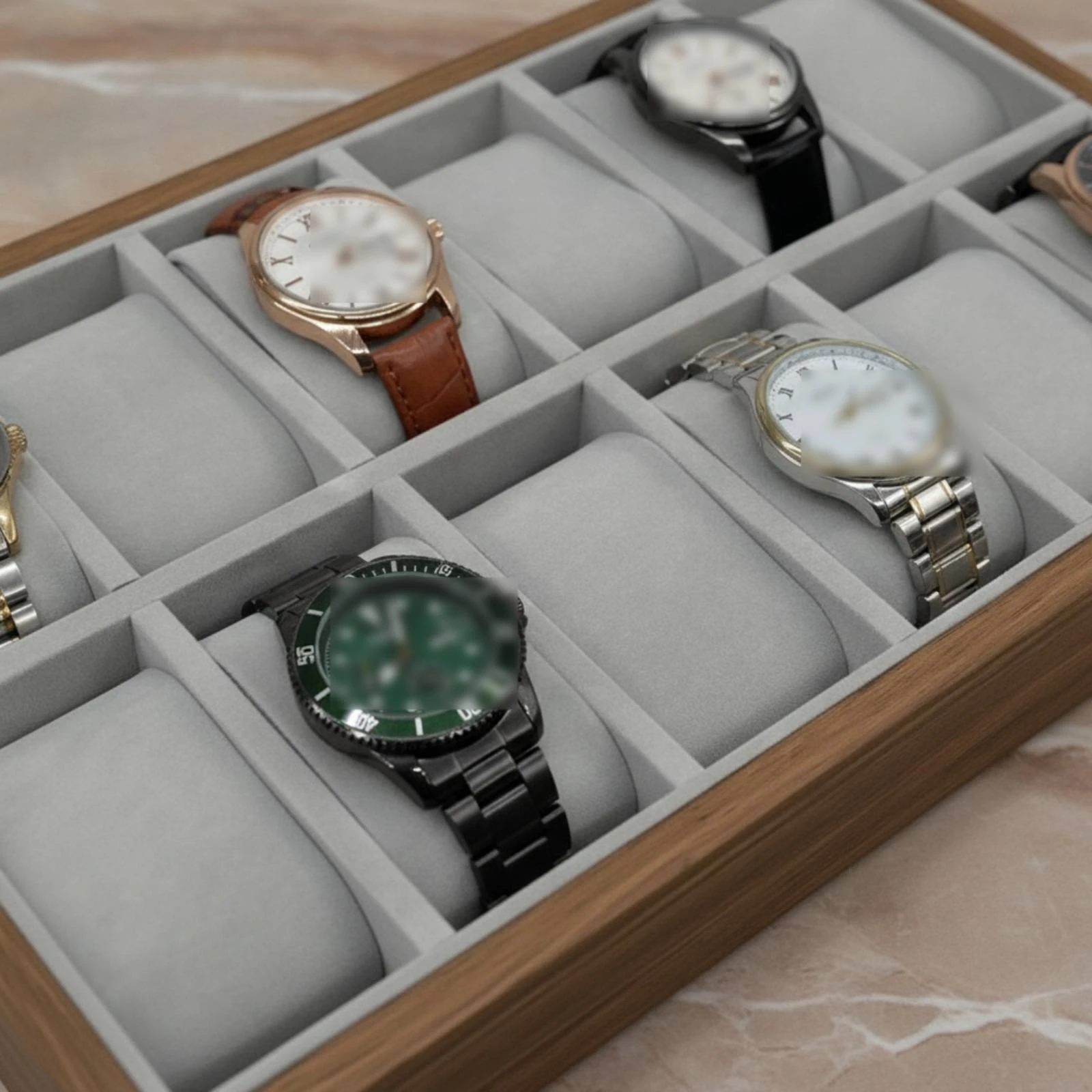 Watch Display Tray Large Capacity Lid Watch Storage Box Lumber Watch Box Walnut for Home, Tabletop, Dresser, Shop Counter