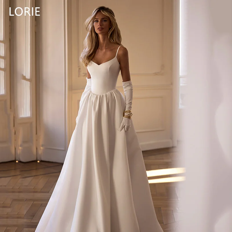 

LORIE Elegant Satin Wedding Dresses A-Line Spaghetti strap Bride Prom Gown Simple Pleated Back Buttons Bridal Gowns Customized