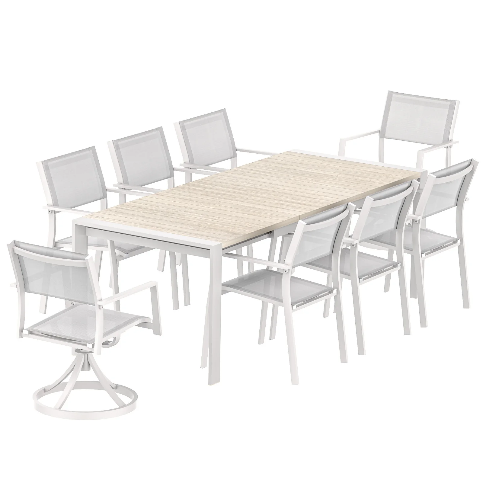 SEEHILL 9-Piece Extendable Patio Dining Set with 2 Swivel Chairs, Aluminum Outdoor Dining Table Set, Oversized Expandable Dining Table with Wood Grain Top and Stackable Dining Chairs for Balcony, Deck