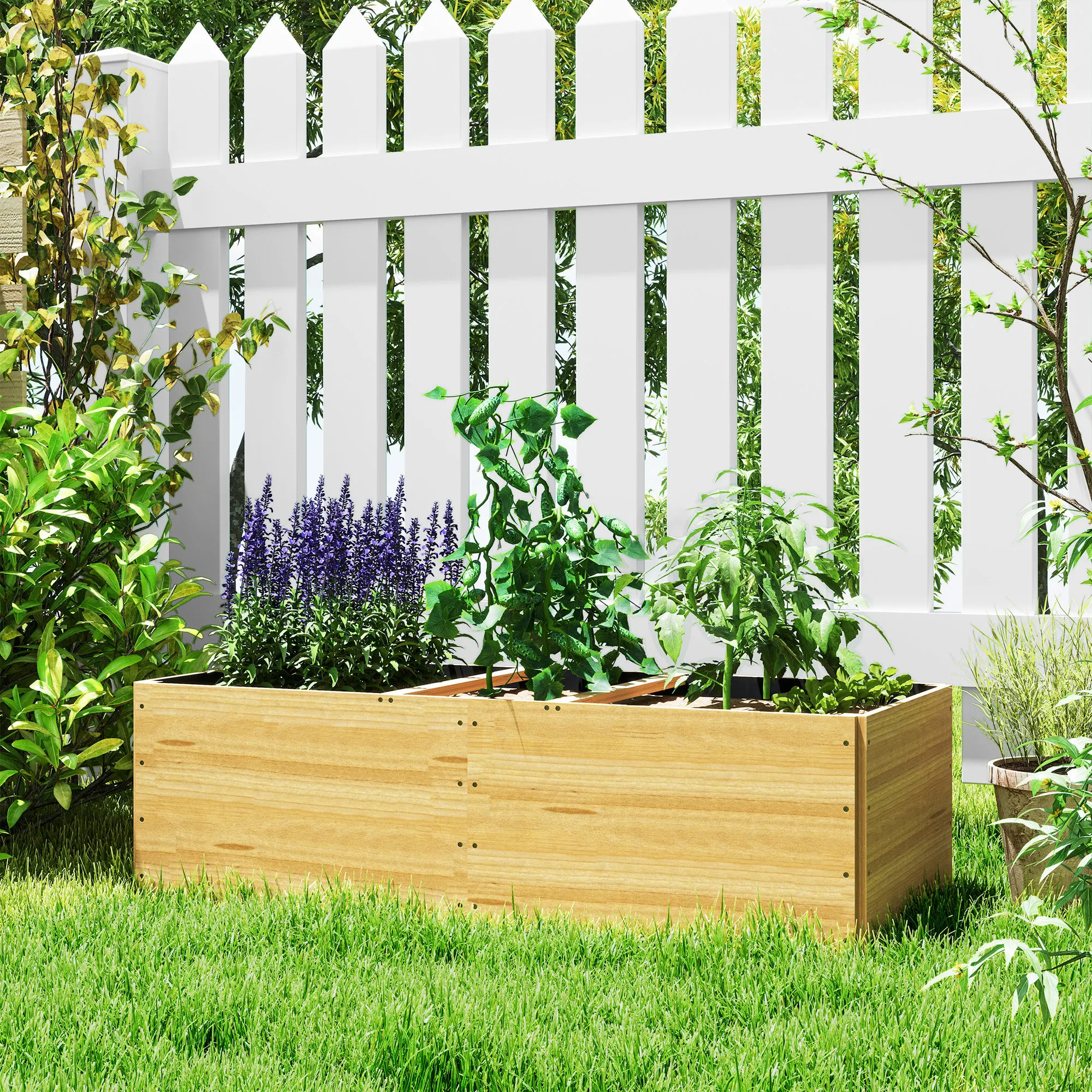 Bac à plantes surélevé en bois carbonisé à 3 sections, long bac de culture divisé pour herbes et légumes, accessoire de jardinage, bac à plantes en bois imperméable pour la décoration de jardin, patio et balcon