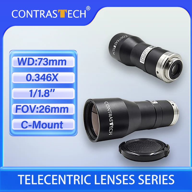 

Бителецентрические линзы CONTRASTECH 1/1,8 дюйма 0,346X без паралакса FOV 26 мм опционально WD 73 мм Объектив машинного зрения FA для проверки печатных плат