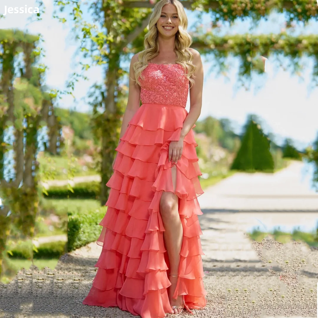 

Jessica Lace Embroidery Evening Dresses Handmade Chiffon Multi-layer Prom Dresses Side Slit Party Dress Customized