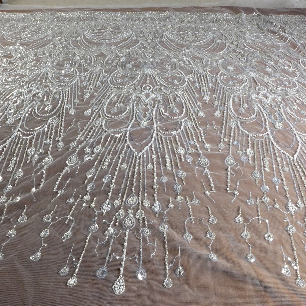HelluyerDC Silver on ivory tulle beading lace fabric,Tassel Water Drop lace for fashion,wedding,evening,dance gown by the yard