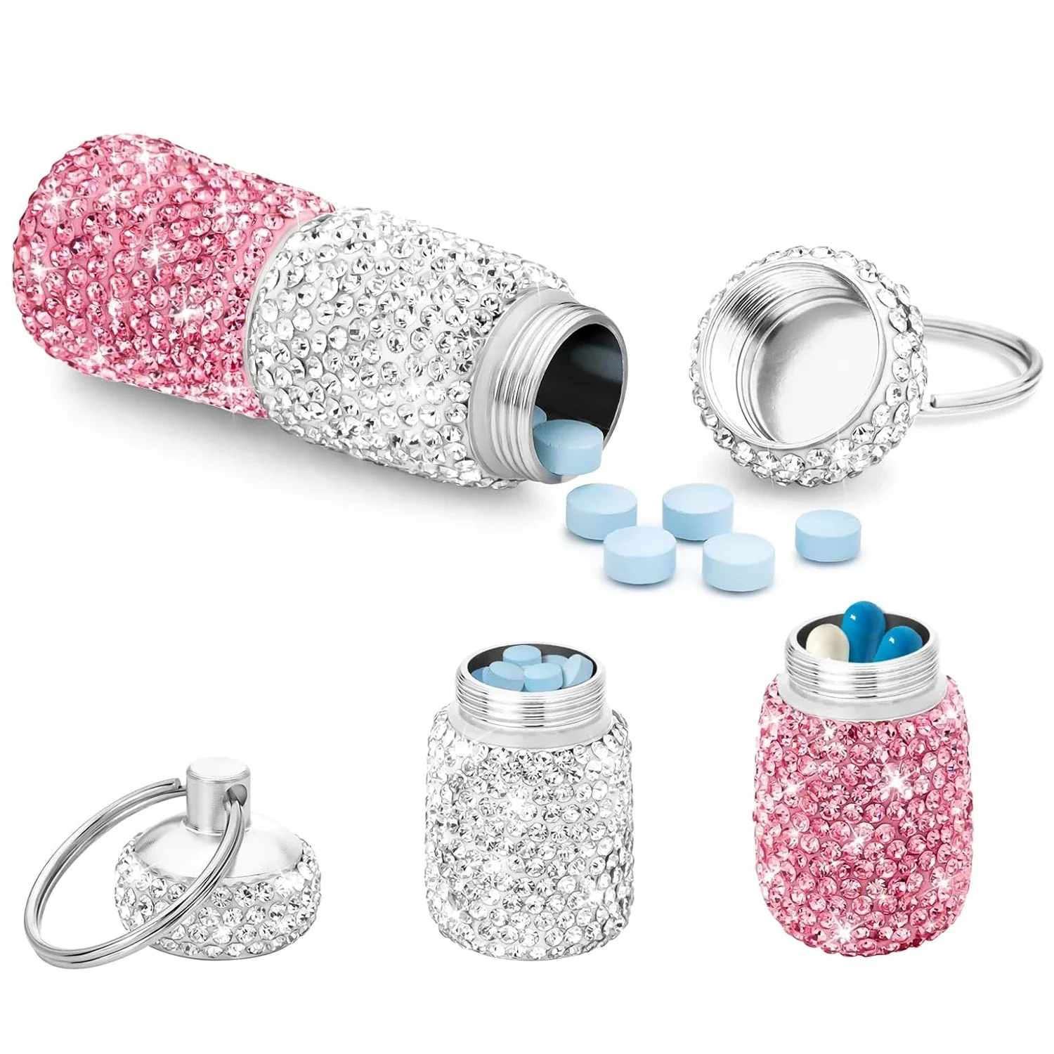 Porte-clés Bling avec boîte à pilules, 2 compartiments, petit étui à pilules de voyage, évalué Crystal Diamond, bouteille de médicament, porte-clés bouteille de pilules