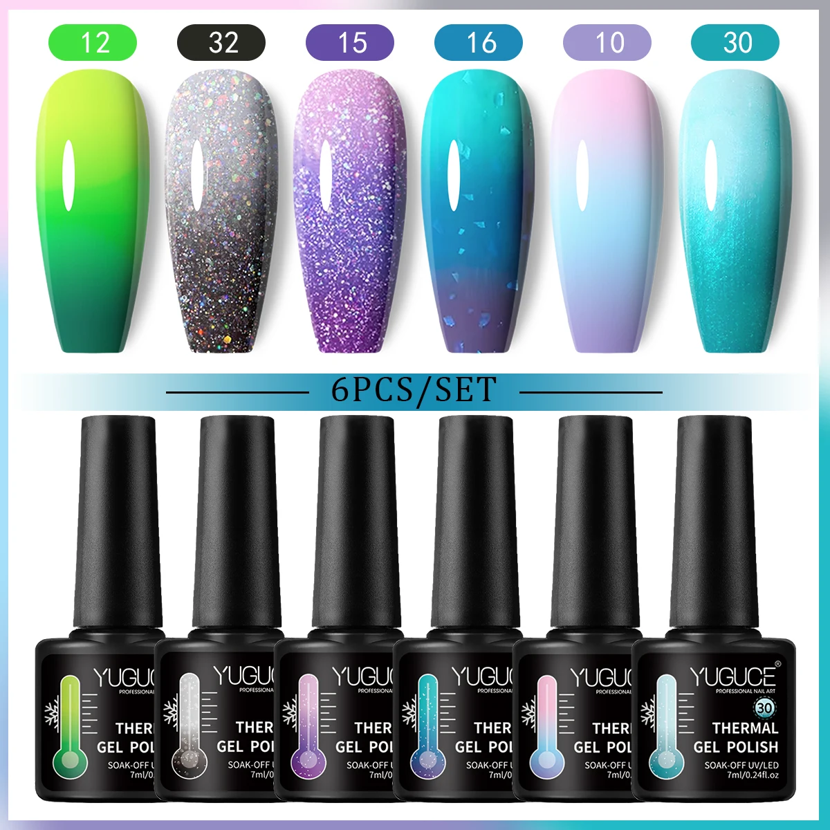 YUGUCE 6-piece temperature-changing gel nail polish set, suitable for DIY nail art, can change color with temperature