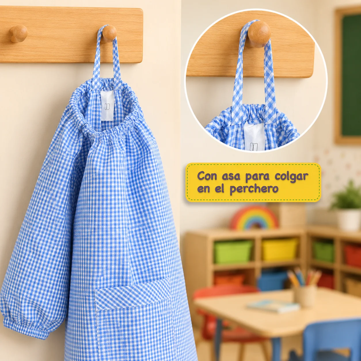 Bata Escolar Infantil Babi Cuadros Vichy Sin Botones con Cuello y Puños Elásticos Unisex Niño Niña Guardería Preescolar Colegio Manualidades Pintura Vuelta al Cole Tallas 1-7 Años Varios Colores