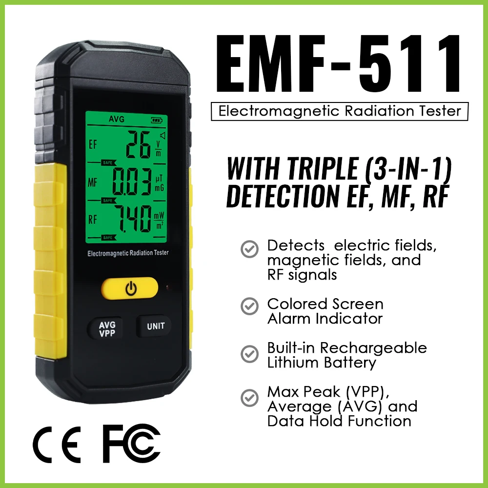 

Professional EF/MF/RF Radiation Detector 3-in-1 Tester for Electric Magnetic & Radiofrequency Fields Audible Visual Alarm