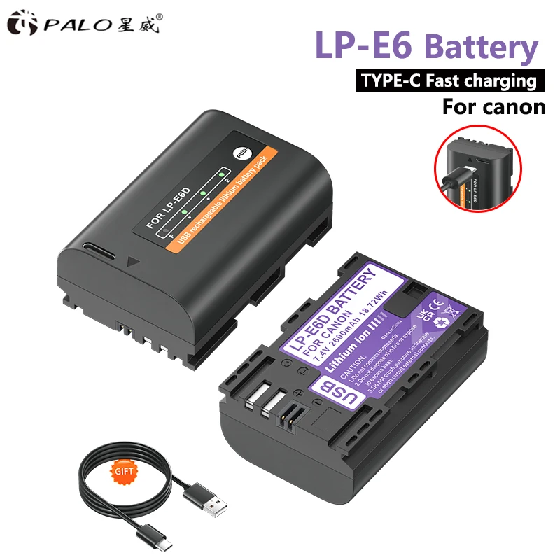 

2600mAh LP-E6 USB Type C LP E6 LPE6 Battery with Indicator Lamp for Canon EOS 5DS Mark II 5D 6D 7D 60D 60Da 70D 80D XC10 Camera