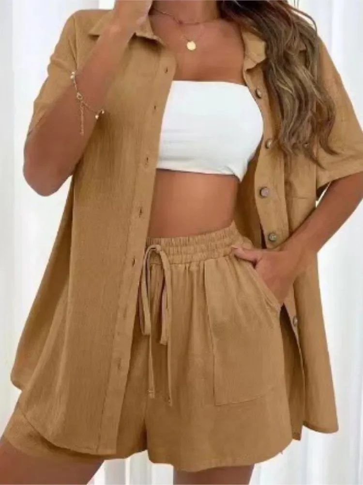 Casual Cotton 2 Piece Set Women Suit Fashion Short Sleeve Solid Color Shirt +loose Shorts Summer Office Lady Comfortable Sets — zdjęcie 2