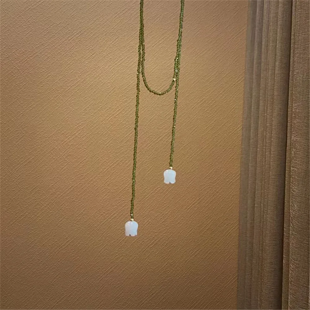 Olive Green Glass Beads Women Necklace White Bell Orchid Pendant Winding Wearing Ethnic Long Sweater Chain Romantic Jewelry Gift image 6