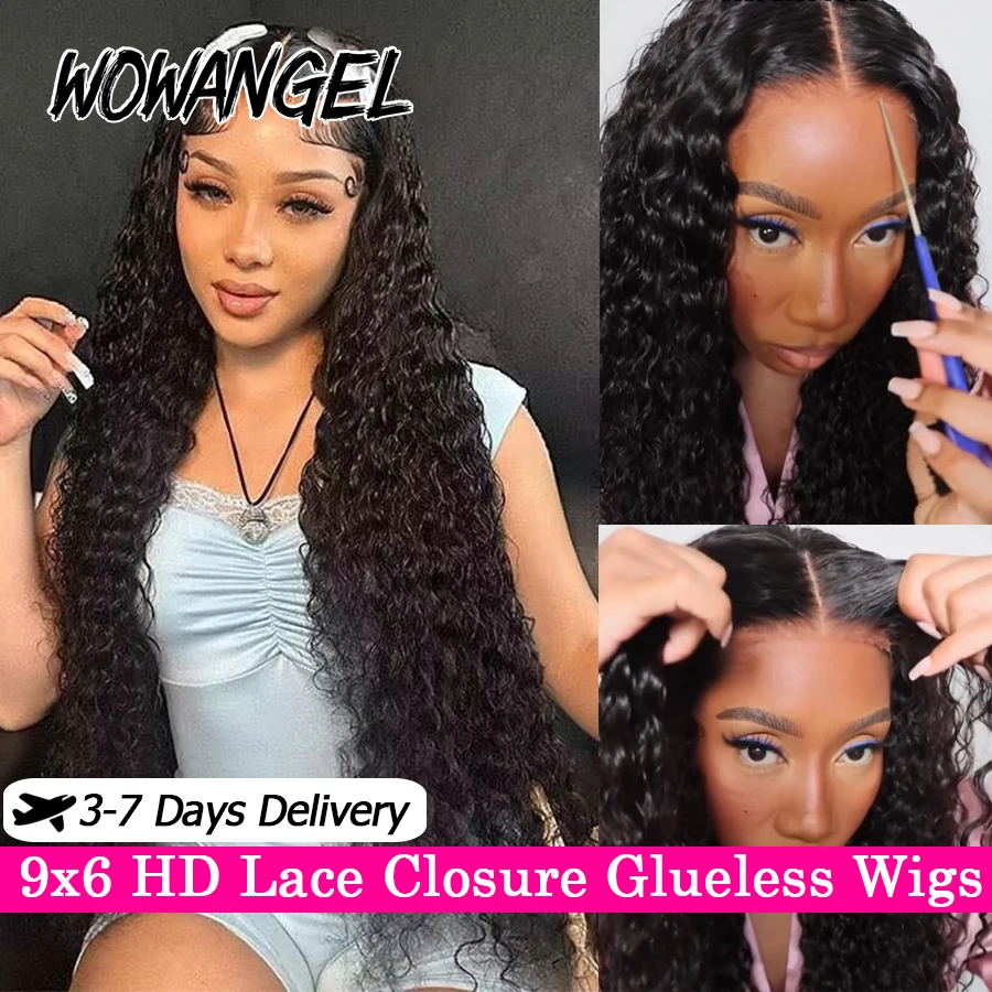 34in Glueless Wigs Pre Cut HD Lace Wig Water Wave Wigs 9x6 HD Lace Closure Wig Human Hair Wigs Melt Skins Ready & Go Curly Wigs