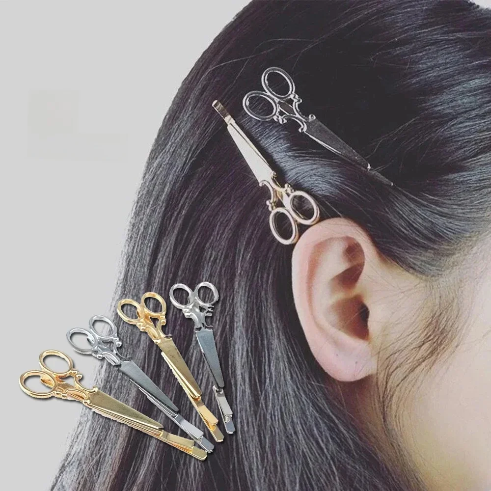 Pince à cheveux créative en forme de ciseaux, Barrettes à frange latérale en métal couleur or argent pour femmes, Application de maquillage, couvre-chef quotidien