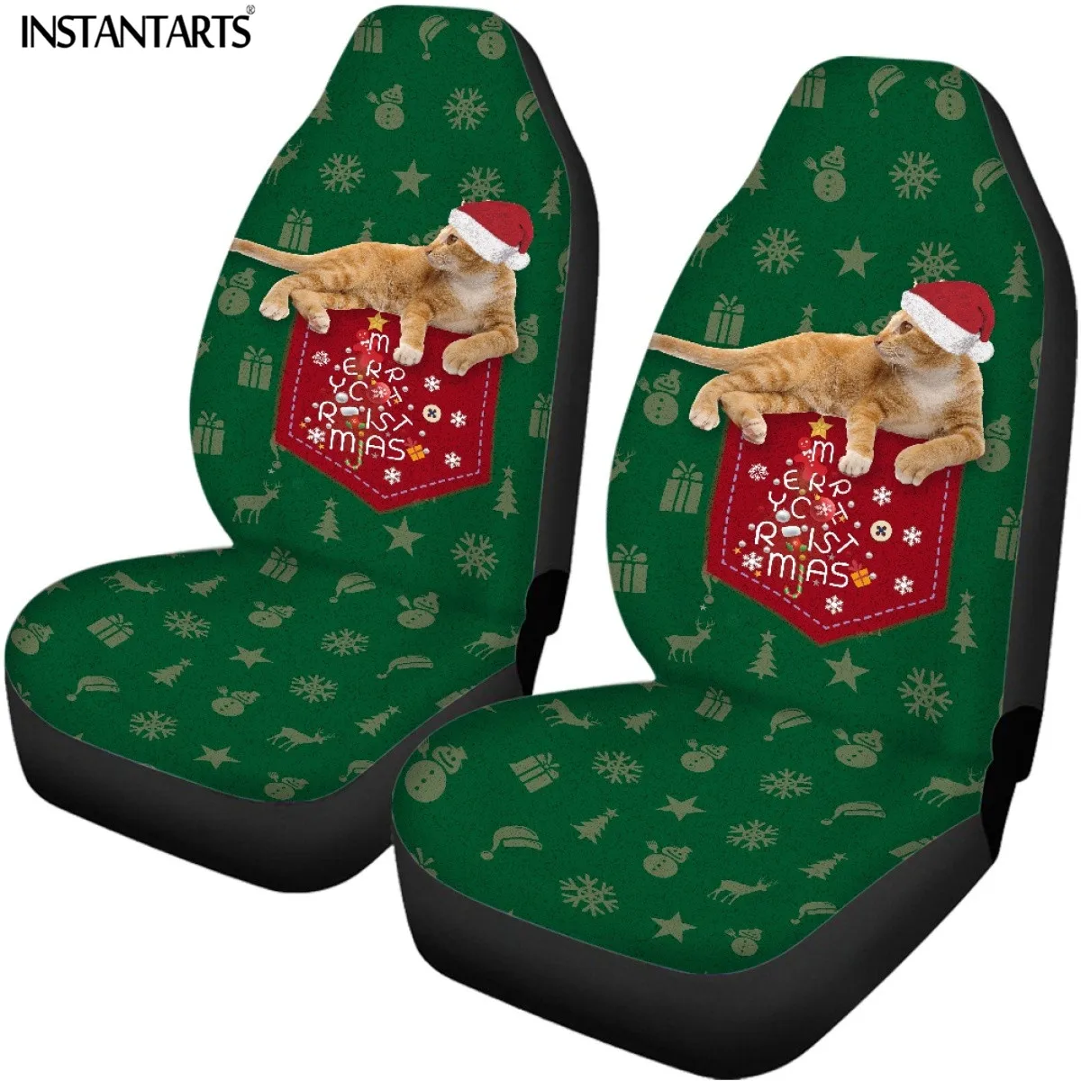 INSTANTARTS Cute Christmas Cat Pattern Car Front and Back Seat Covers Classical Comfortable Green Protector Mat for Most Vehicle