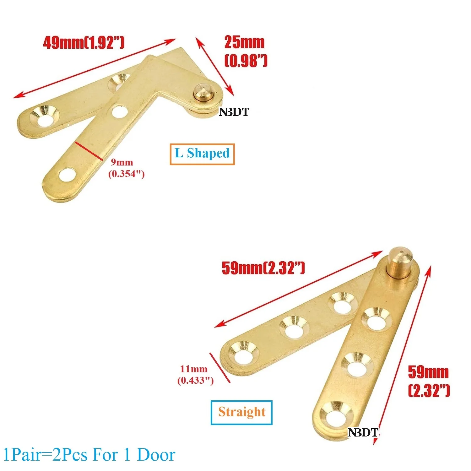 4Pairs Brass Pivot Cabinet Door Hinge Top Bottom Mount With Screws