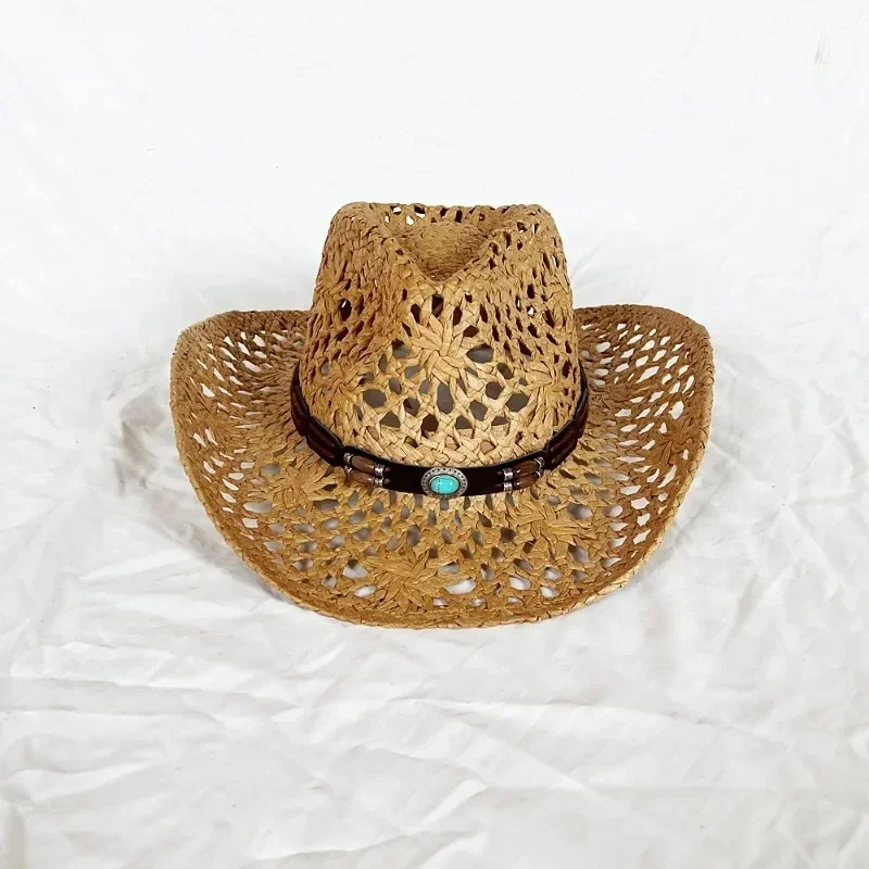Letni damski męski etniczny styl Western Cowboy Słomkowy kapelusz w stylu punkowym Ręcznie robiony pusty kapelusz przeciwsłoneczny z zwijaną krawędzią Czapka plażowa z filtrem przeciwsłonecznym — zdjęcie 2