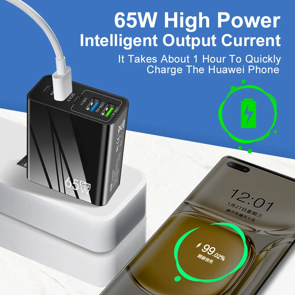 GaN 65W Fast Charging Charger Type C Mobile Phone Adapter For IPhone Huawei Xiaomi Samsung PD25W Wall Charger Quick Charge 3.0