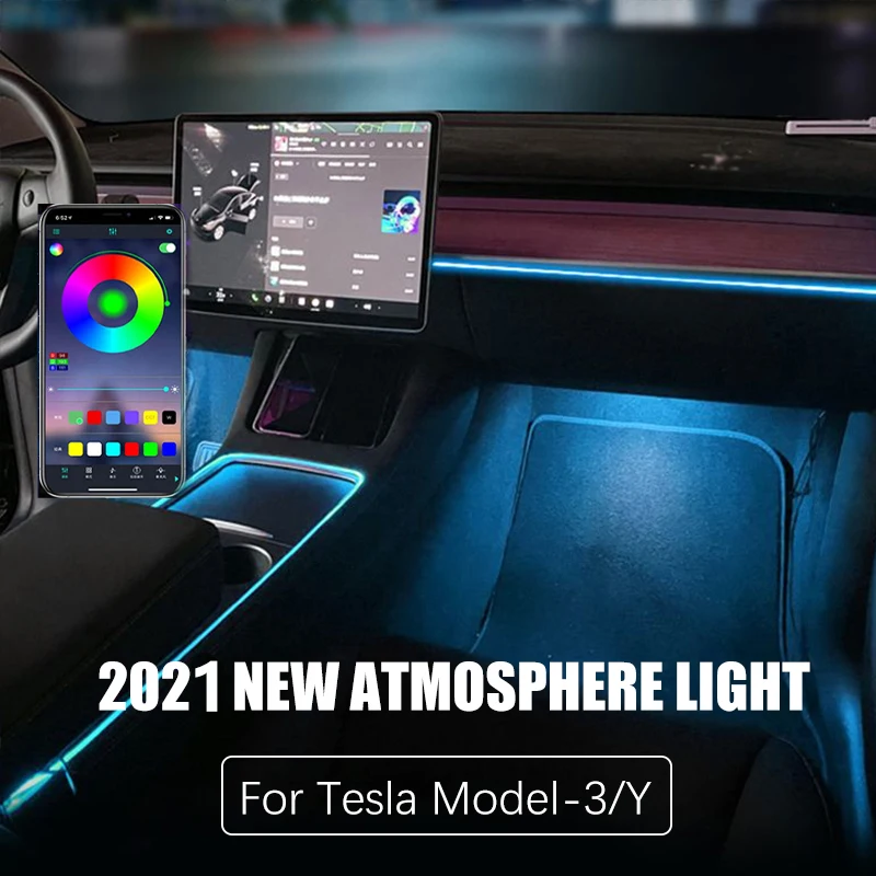 Для 2021 Tesla Model 3 Y Автомобильный интерьер неоновое освещение оптоволоконная центральная консоль приборная панель управление через приложение светодиодная полоса атмосфера