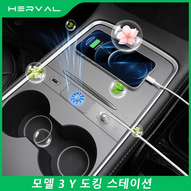 Herval USB Shunt Hub For Tesla model 3 model y 2021-2023 27w Quick Charging Intelligent Docking Station with air fresh function