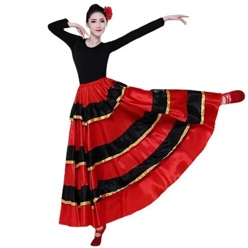 Volwassen Zigeunerrok voor Vrouwen Spaanse Flamenco Rok Gestreept Satijn Grote Schommel Buikdansen Rokken Team Prestaties Podiumdansen - afbeelding 2