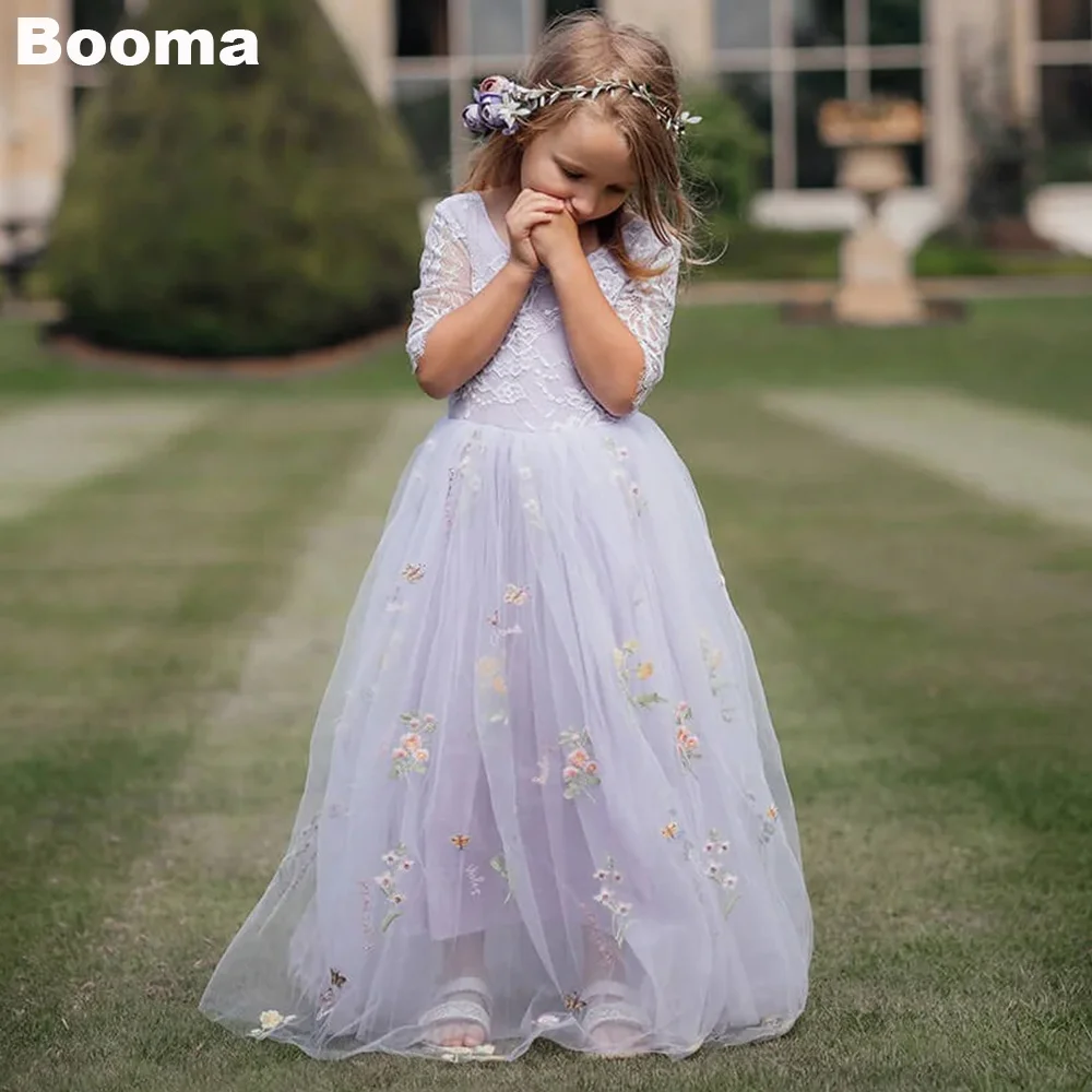 

Booma A-Line Flowers Girl Dresses Embroidery Lace Tulle Wedding Party Dress for Kids Long Girls Prom Gowns Customized