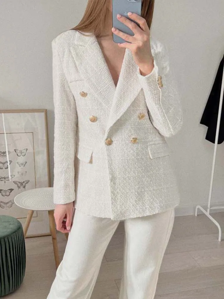 TRAF Women Blazer Jacket 2024 New Fashion Double Breasted Tweed Blazers Coat Vintage Long Sleeve Female Outerwear Chic Tops