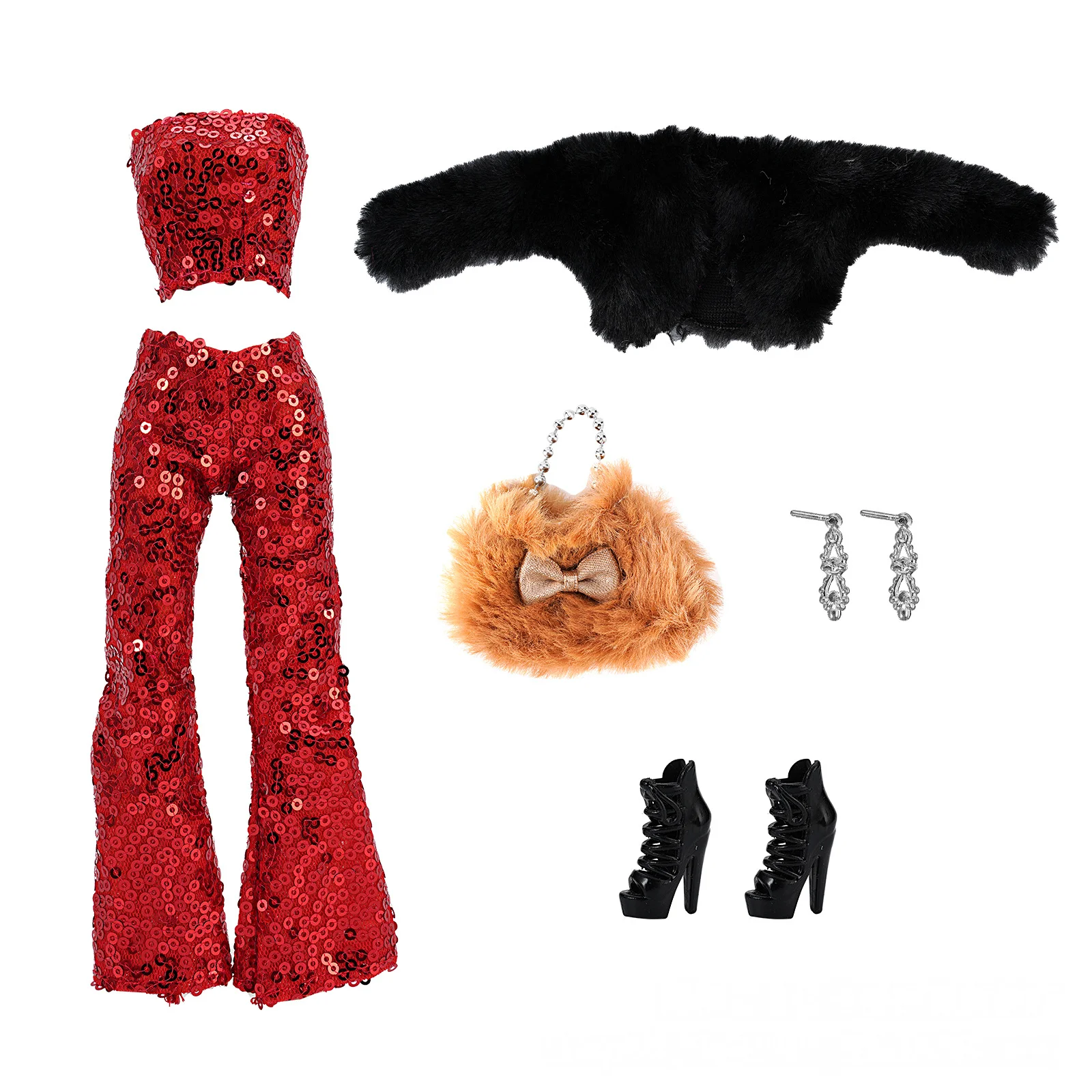 New style winter doll outfit set suitable for 30CM/11.5-inch dolls: plush vest, sequined pants, and bag.