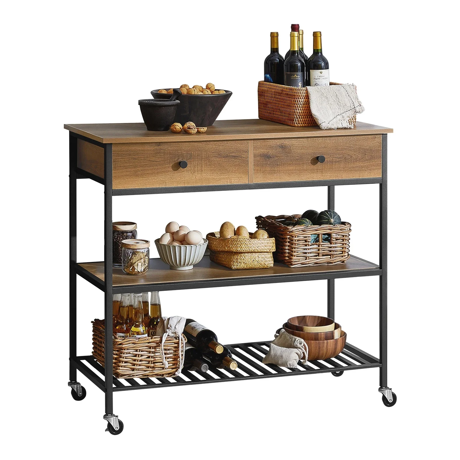 SoBuy FKW112-PF Küchenwagen Servierwagen Küchenregal mit 4 Rollen Flurschrank Sideboard mit 2 Schubladen und 2 Ablagen Rollwagen