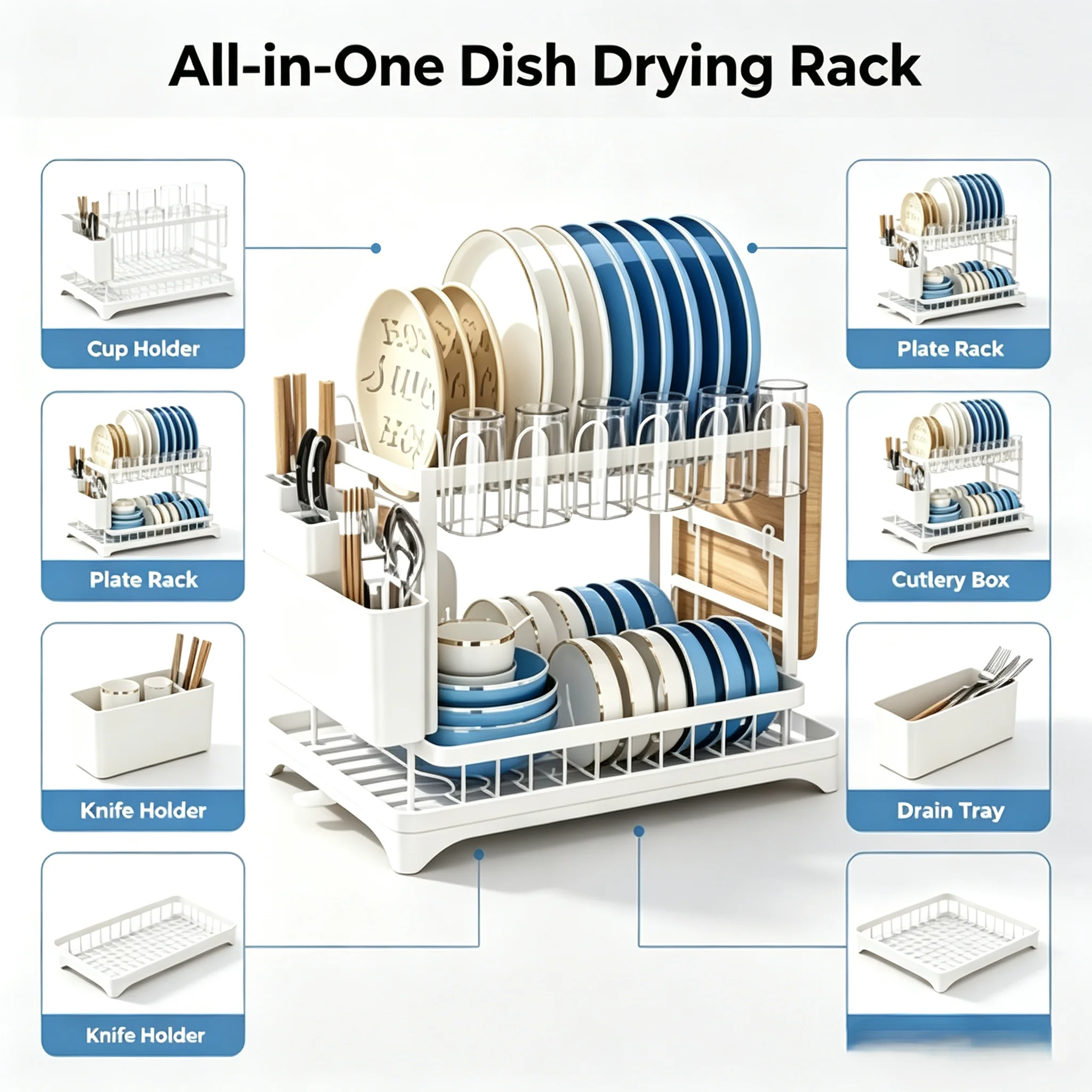 2-Tier White Metal Dish Drying Rack, Kitchen Countertop Dish Organizer with Pull-out Drain Tray, Cutlery Holder, Cup & Cutting Board Holder