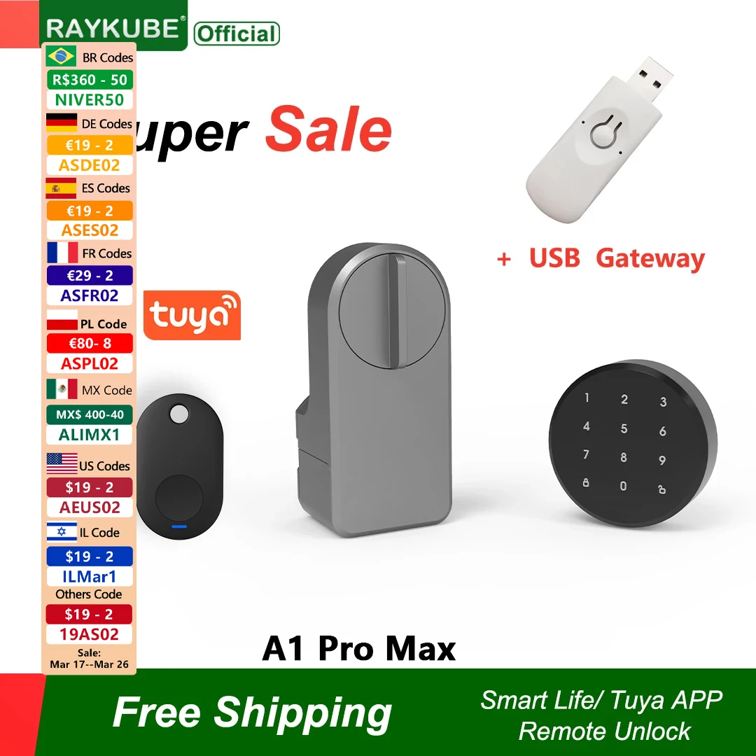 RAYKUBE A1 Pro Max Tuya BEL Smart Door Lock Set with Fobs/ Keypad/ Smart Key Tuya Remote Unlock Work with Alexa Google Assistant