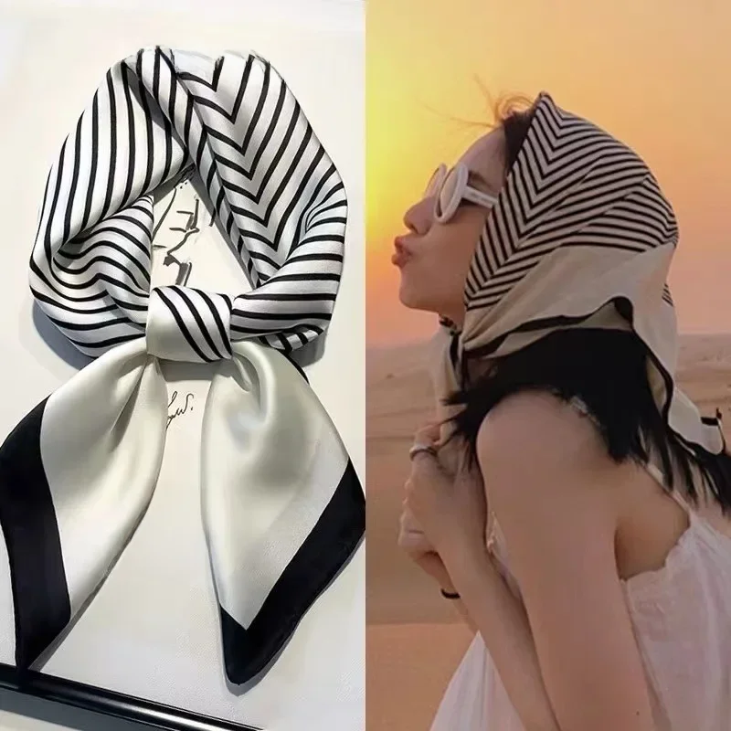 Luxury Imitation Silk Scarf Black And White Striped Head Wrap For Women Multifunction Silk Feeling Neckerchief